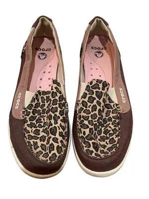Crocs Leopard Print Canvas Slip On Loafer Flats Brown Women’s Size 9 thumbnail 4