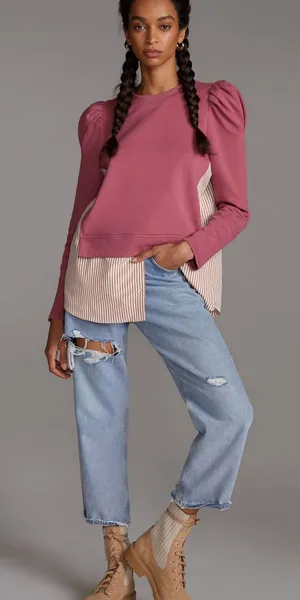 Maeve by Anthropologie Mixed Media Puff Sleeve Sweatshirt Medium thumbnail 1