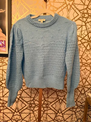 Stellah light blue crewneck pointelle knit sweater, Medium thumbnail 2