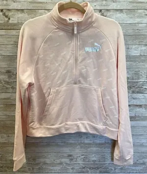 Puma Womens L Sweatshirt Peach‎ 1/2 Zip White Puma Pattern Pullover Athletic thumbnail 1