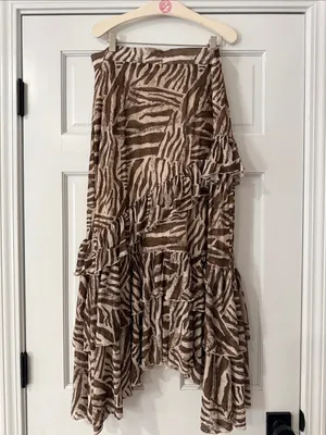 Sinsay Beige Zebra-Print Tiered Ruffle Asymmetrical Midi Lined Skirt Size XL thumbnail 6