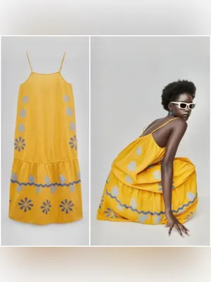 Zara Yellow Floral Applique Cotton Linen Sleeveless Dress Small Limited Edition thumbnail 2