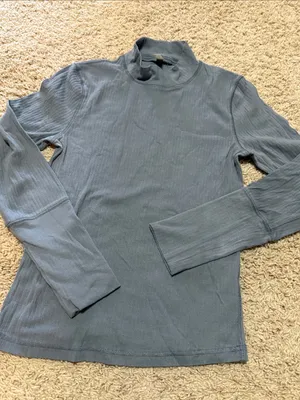 Ribbed Mock Neck Long Sleeve Top - Slate Blue Gray thumbnail 3