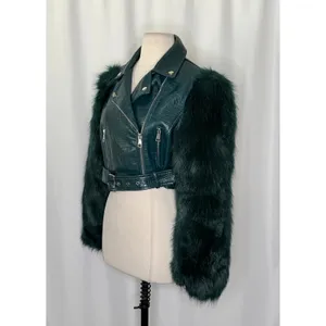 AZALEA WANG Nolla Faux Fur Arms Croc Moto Jacket Jade Green Vegan Leather Medium thumbnail 6