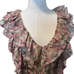 Anthropologie ARYN K. Dress Ruffles Y2K Blouson Sheer Lined Floral Fairy Boho SZ Sm Pinks thumbnail 2