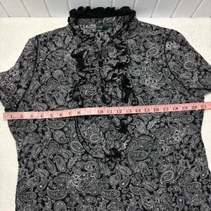 Ralph Lauren Black White Paisley‎ Ruffle Front Long Sleeve Cotton Blouse Size XL thumbnail 8