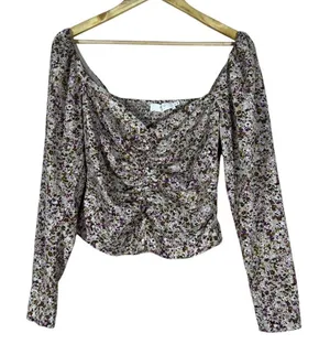ASTR The Label Ruched Ditsy Floral Blouse Purple Tan Romantic Smocked Size M thumbnail 1