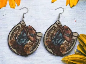 Western style wooden with‎ sunflower shape pattern drop hook earrings Brown thumbnail 1