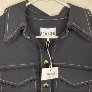 GANNI NEW Sable Topstitch Crepe Swing Button Front Mini Dress Black Sz 36 SNAGS thumbnail 6