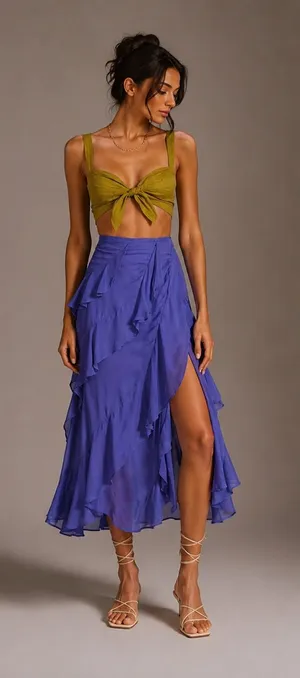 Anthropologie Indigo Ruffle Wrap Maxi Skirt High Slit Boho Romantic Size thumbnail 1