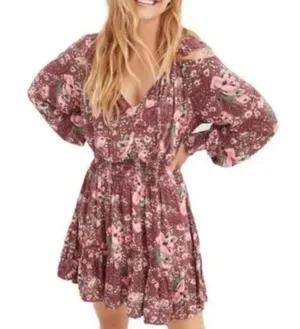 Aerie burgundy floral mini dress, gathered waist & cuffs, size L thumbnail 1