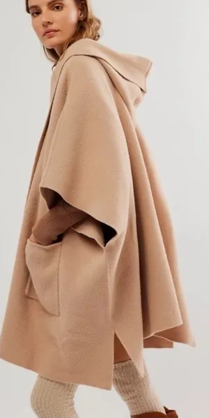 FREE PEOPLE All I Need Cozy Duster Beige Cape Kimono Hood Sweater Cardigan thumbnail 1