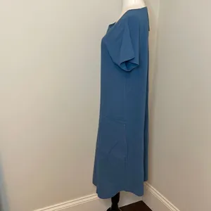 La Mode | Blue Short-Sleeve Jewel-Collar Pocket Midi Dress - Women Dress. Size L thumbnail 6