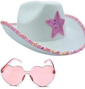 White Cowboy Hat with Pink Star and Heart Sunglasses NWOT thumbnail 1