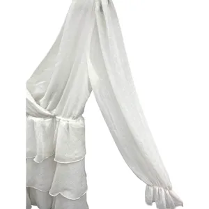 Tiered Ruffle White Mini‎ Dress Womens Large V Neck Romantic Feminine Tie Back thumbnail 3