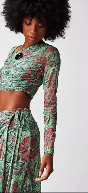 Free People Supernova Set Two Piece Skirt Crop Top Long Sleeve Green thumbnail 2