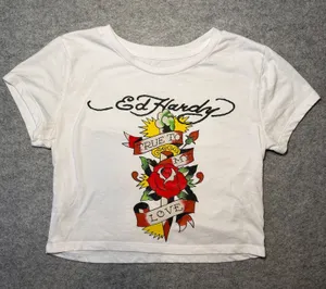 Ed Hardy Women L Crop Top Graphic Tattoo Rose Dagger Black White thumbnail 1