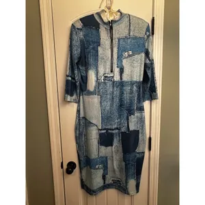 Women’s 2XL Blue Denim Patchwork Print Quarter Zip Midi Dress 3/4 Sleeves Casual thumbnail 16