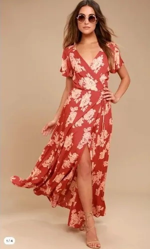 Lulus NWT‎ Heart of Marigold Rust Red Floral Print Wrap Long Maxi Dress Small thumbnail 1
