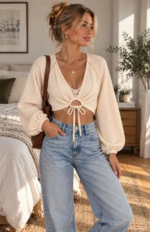 Urban Outfitters Out From Under Cream Waffle Knit Ruched Crop Top NWOT Small thumbnail 1