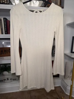 SHEIN Cream Long Sleeve Knit Fit-and-Flare Dress with Back Tie thumbnail 1