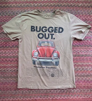 'Bugged Out' VOLKSWAGEN Tan Graphic Tee with Red Beetle thumbnail 1