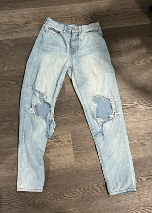 High Waisted Mom Jeans Light Wash Blue Ripped Destroyed Denim thumbnail 1