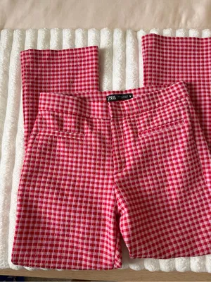 Zara Red and Pink Gingham Casual Pants thumbnail 2