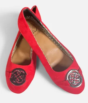 Daisy Fuentes Bright Red Suede Ballet Flats with Round Metal Emblem thumbnail 1