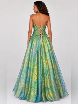 NWT Studio 17 House of Wu Lime Turquoise Gold Strapless Gown 8 thumbnail 2