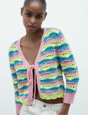 Zara Chunky Crochet Striped Front Tie Cardigan Retro Boxy Vibrant Y2K Sz M thumbnail 1