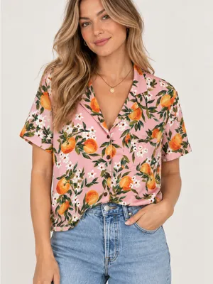Marine Layer Pink Citrus Blossom Short Sleeve Button Down Top Resort Tropical M thumbnail 1