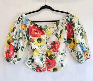 Zara Floral Puff Sleeve Blouse Off Shoulder Smocked Back M Romantic Cottage thumbnail 2