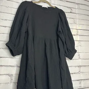 Carly Jean Los Angeles Black Blouse 1/4 Sleeve Mini Dress SZ S 100% Cotton Top thumbnail 5