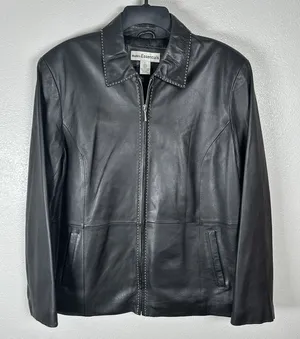 Modern Essentials Black Leather Jacket Womens Large Contrast Stitching 2000s Y2K thumbnail 1