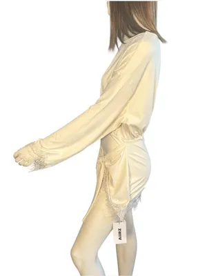 AiiRZ Long Sleeve Jersey Mini Dress With Lace Trim Cream Large NWT thumbnail 6