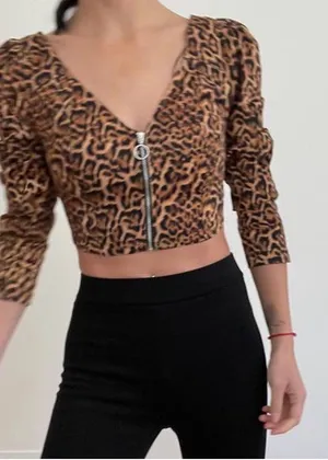 Zara Leopard-Print Zip Crop Top with Puff Sleeves - Brown/Black thumbnail 1