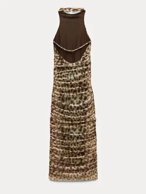 Zara Leopard-Print Ruched Midi Dress in Tan thumbnail 4