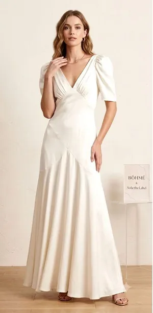 Womens Ivory Satin Puff Sleeve Maxi Dress M Bridal Sofie the Label Bohme NWOT thumbnail 1