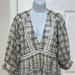 Free People Time Out Babydoll Tunic Cotton‎ Ivory grey combo size SP thumbnail 4