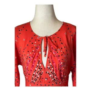 Free People Red Coryn Coral Polka Dot Long Sleeve Fit And Flare Dress Size‎ 0 thumbnail 7