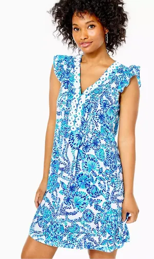Lilly Pulitzer Womens XS Blue White Shell Print Lace Trim Dress preppy nautical thumbnail 1