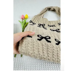 Zenana Coquette Bow Knit Tote Bag Crochet Ribbon Shoulder Bag thumbnail 3