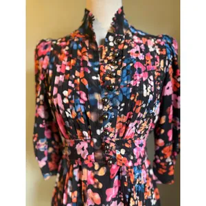 Plenty by Tracy Reese Floral Pleated Mock Neck Midi‎ Dress Black Pink Blue thumbnail 2