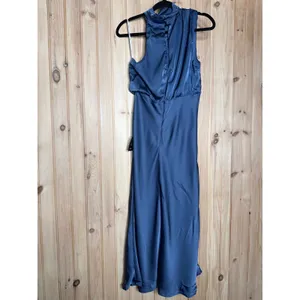 NWT Lulus Distinctive Charm Slate Blue Satin Asymmetrical Midi Dress Wedding S thumbnail 5