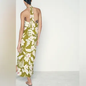 NEW Zara Linen Floral Tropical Halter Neck Maxi Dress Green Khaki White Pink XS thumbnail 4
