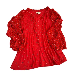 Maeve Anthropologie Red Geometric Print Ruffle Tie Neck Balloon‎ Sleeve Blouse L thumbnail 1