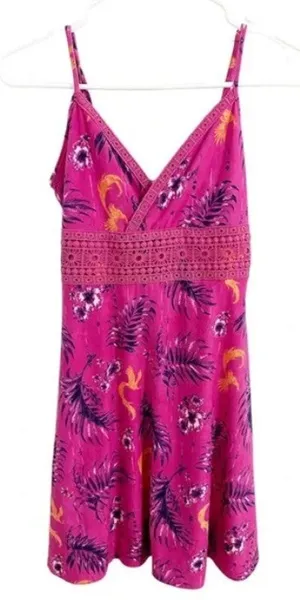 Y2K Mudd V-Neck Crochet Mini Dress Size Medium Hot Pink Purple Tropical thumbnail 1