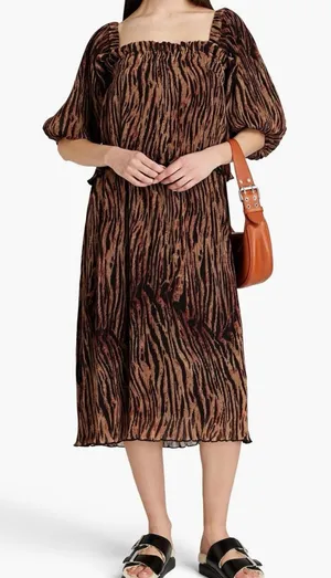Ganni Layered Tiger-Print Plissé-Georgette Midi Dress Tiered Size 2 thumbnail 1