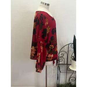 Umgee Floral Tie Front Blouse‎ Burgundy Red Long Sleeve V Neck Top thumbnail 3